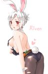  alternate_costume animal_ears bad_id bad_pixiv_id bare_shoulders battle_bunny_riven black_legwear breasts bunny_ears bunnysuit canape_(canape0130) covering covering_breasts folded_ponytail highres kemonomimi_mode league_of_legends looking_at_viewer medium_breasts pantyhose red_eyes riven_(league_of_legends) short_hair sideboob solo torn_clothes torn_legwear white_background white_hair 