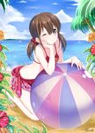  absurdres ball beach beachball blue_sky brown_eyes brown_hair cloud cloudy_sky day floral_print flower gendo0032 hibiscus highres horizon katayama_minami long_hair looking_at_viewer ocean one_eye_closed outdoors sitting sky solo swimsuit twintails wake_up_girls! 