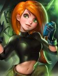  banned_artist belly belt crop_top gloves green_eyes kim_possible kimberly_ann_possible long_hair long_sleeves looking_away midriff navel open_mouth orange_hair parted_lips sakimichan smile solo watermark 