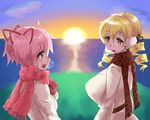  alternate_breast_size blonde_hair blush breasts colorful drill_hair earmuffs gloves hair_ornament hair_ribbon hairpin highres huge_breasts kaname_madoka looking_at_another mahou_shoujo_madoka_magica mizuumi_(bb) multiple_girls open_mouth orange_(color) pink_eyes pink_hair ribbon scarf school_uniform short_hair short_twintails sky sunset tomoe_mami twin_drills twintails yellow_eyes 
