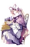  blonde_hair capelet chair coffee_cup crowd cup disposable_cup dress fingerless_gloves gloves hair_ribbon hat hat_ribbon headwear_removed light_smile long_hair long_sleeves looking_at_viewer mob_cap pink_eyes ribbon shuzi sitting smile solo table touhou tress_ribbon very_long_hair white_dress white_gloves wide_sleeves yakumo_yukari 