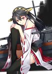  black_hair black_legwear boots brown_eyes cannon haruna_(kantai_collection) headgear kantai_collection leg_hug leg_up light_smile long_hair looking_at_viewer makeup mecha_musume miniskirt nontraditional_miko pleated_skirt ribbon-trimmed_sleeves ribbon_trim sakamoto_mineji sitting skirt solo thigh_boots thighhighs turret 