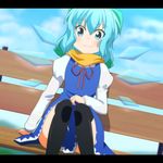  :3 aqua_eyes aqua_hair bench black_legwear bow bowtie cato_(monocatienus) cirno dress ice ice_wings juliet_sleeves kneehighs letterboxed long_sleeves looking_at_viewer puffy_long_sleeves puffy_sleeves ribbon scarf short_hair sitting_on_bench smile solo thighhighs touhou wings 