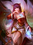  absurdres ahri animal_ears armpits blue_hair braid breasts collarbone detached_sleeves energy_ball fox_ears fox_tail gawain_(artist) hand_to_own_mouth highres korean_clothes large_breasts league_of_legends lips long_hair looking_to_the_side low_neckline multiple_tails off_shoulder parted_lips signature single_braid solo tail whisker_markings wide_sleeves 