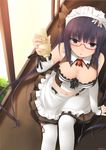  absurdres apron black_hair blue_eyes blush breasts cleavage detached_sleeves fingernails frilled_apron frills glasses heart_cutout highres holding kopianget large_breasts long_hair looking_at_viewer maid maid_headdress midriff navel original parted_lips red-framed_eyewear semi-rimless_eyewear sitting skirt solo squeeze_bottle thighhighs under-rim_eyewear very_long_hair waist_apron white_legwear 