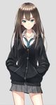  aqua_eyes brown_hair cardigan earrings famepeera hands_in_pockets idolmaster idolmaster_cinderella_girls jewelry long_hair looking_at_viewer necklace necktie school_uniform shibuya_rin skirt solo 