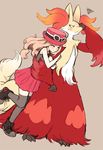  amezawa_koma arm_hug bare_shoulders black_legwear blush bracelet brown_hair closed_eyes delphox eyewear_on_head gen_6_pokemon hat jewelry long_hair orange_eyes pleated_skirt pokemon pokemon_(creature) pokemon_(game) pokemon_xy serena_(pokemon) skirt sleeveless smile sunglasses tail thighhighs 