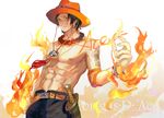  1boy abs belt bracelet character_name fire freckles hat jewelry kirayoci knife necklace one_piece portgas_d_ace sheathed smile solo stampede_string tattoo topless wallpaper 