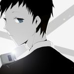  black_hair blue_eyes durarara!! highres looking_back male_focus ryuugamine_mikado solo spot_color teario 