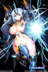  armor blue_eyes blue_hair blush breasts gauntlets greaves headgear highres hildegard_(soccer_spirits) large_breasts long_hair navel official_art parted_lips pasties snowball22 soccer_spirits solo 