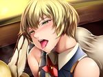  banana bare_shoulders blonde_hair blush bob_cut chocolate_syrup food fran_francois_francesca_de_bourgogne fruit god_eater god_eater_2:_rage_burst green_eyes heavy_breathing open_mouth saliva saliva_trail sexually_suggestive short_hair signature solo sweat taut_clothes tongue tongue_out watanuki_kaname 