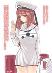  adapted_costume alternate_hair_length alternate_hairstyle artist_name baymax baymax_(cosplay) big_hero_6 blush clothes_writing cosplay dress gloves hat kantai_collection long_hair long_sleeves neckerchief older pun red_eyes red_hair sailor_collar sailor_hat sensen simple_background solo thigh_gap translation_request white_background white_dress white_gloves white_hat z3_max_schultz_(kantai_collection) 