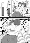  ass bifidus blush breast_grab breasts comic commentary cup glasses grabbing greyscale groping hyuuga_(kantai_collection) ise_(kantai_collection) kantai_collection kiss large_breasts md5_mismatch meme_attire monochrome motion_lines mug multiple_girls open-chest_sweater ponytail short_hair striped striped_legwear sweater translated yuri 