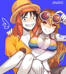  1boy 1girl bikini hat monkey_d_luffy nami nami_(one_piece) one_piece one_piece_film_z orange_hair sanme shirt straw_hat sunglasses swimsuit t-shirt tattoo 