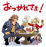  1girl beer_mug blonde_hair brown_hair bucket_of_chicken cup facial_hair fate/apocrypha fate_(series) fried_chicken goatee holding holding_cup jacket mgk968 mordred_(fate) mordred_(fate)_(all) ponytail red_jacket scar shishigou_kairi short_shorts shorts strapless sunglasses tubetop 