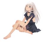  alessandra_susu bangle barefoot black_dress blonde_hair blue_eyes blush bracelet choker collar dress earrings ekao feet full_body head_tilt jewelry leg_hold legs light_smile long_hair looking_at_viewer sidelocks simple_background sitting smile solo toes tokyo_7th_sisters white_background white_hair 