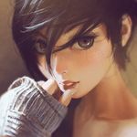  asymmetrical_hair black_eyes black_hair ears face foreshortening freckles ilya_kuvshinov lips long_sleeves looking_at_viewer original overexposure parted_lips photorealistic short_hair sleeves_past_wrists solo sweater 