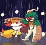  2017 braixen buro_(block) decidueye duo nintendo pok&eacute;mon pok&eacute;mon_(species) raining video_games 