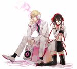  1girl black_hair blonde_hair brown_eyes cigarette durarara!! formal hair_ribbon headphones heiwajima_shizuo hijiribe_ruri long_hair necktie ribbon short_hair smoke smoking suit urahara 