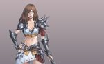  armor blue_eyes breasts brown_hair cleavage collarbone cowboy_shot gradient gradient_background grey_background hand_on_hip holding large_breasts light_smile lips looking_at_viewer midriff navel nguyen_uy_vu nose original parted_lips pauldrons solo sword vambraces weapon 