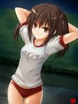  arms_behind_head bangs brown_eyes brown_hair buruma dutch_angle gym_uniform haura_akitoshi kantai_collection light_smile long_hair looking_at_viewer sendai_(kantai_collection) short_hair smile solo thigh_gap translated tsurime two_side_up 