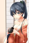  :d absurdres alcohol bangs bare_shoulders blue_eyes blue_hair blush bottle breasts cleavage collarbone colored_eyelashes from_side hair_ribbon high_ponytail highres holding houshou_(kantai_collection) indoors japanese_clothes kantai_collection kimono large_breasts lipstick long_hair long_sleeves looking_at_viewer makeup no_bra off_shoulder open_mouth ponytail ribbon sake saku_(kudrove) shouji sketch skirt sliding_doors smile solo tokkuri upper_body very_long_hair wide_sleeves 