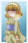  :d ^_^ bangs blonde_hair blue_background blush breath clenched_hands clenched_teeth closed_eyes cold hair_ornament hairband japanese_clothes kimono kise_yayoi open_mouth precure shishinon short_hair smile smile_precure! snow snowing solo tears teeth v-shaped_eyebrows white_hairband yellow_kimono yukata 