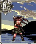  animated animated_gif asymmetrical_legwear boots brown_eyes brown_hair character_name cloud kameyan_(ka_me_da) kantai_collection looking_at_viewer lowres outdoors pixel_art plant ribbon seaplane solo standing standing_on_liquid tone_(kantai_collection) tree twilight twintails water water_surface weapon wind 