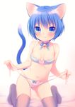  :3 animal_ears bell blue_bra blue_eyes blue_hair blue_panties blush bow bow_panties bra cat_ears cat_tail halter_top halterneck navel onka original panties ribbon short_hair side-tie_panties solo tail thighhighs underwear underwear_only untied untied_panties usashiro_mani 