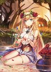  armlet blonde_hair blue_eyes blush braid breasts cleavage earrings elf flower hair_flower hair_ornament jewelry large_breasts long_hair looking_at_viewer original parted_lips pen_(steelleets) petals pointy_ears rose sitting smile solo thigh_strap thighs water 