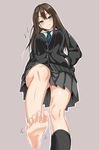  barefoot blush breasts brown_hair cardigan covered_nipples earrings feet from_below green_eyes grey_background hands_in_pockets highres idolmaster idolmaster_cinderella_girls jewelry kure_masahiro looking_down medium_breasts necktie outline pov pov_feet school_uniform shibuya_rin shiny shiny_hair shiny_skin simple_background single_sock skirt smile socks solo taunting toes wiggling_toes 