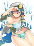  bikini blue_hair breasts camouflage cleavage gundam gundam_seed hat large_breasts lipstick makeup military military_uniform myouga natarle_badgiruel open_clothes open_shirt peaked_cap purple_eyes shirt short_hair solo swimsuit undressing uniform wide_hips 