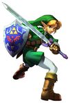  blonde_hair blue_eyes earrings gloves hat highres holding holding_sword holding_weapon jewelry kawano_takuji left-handed link male_focus master_sword official_art pointy_ears shield solo soulcalibur sword the_legend_of_zelda weapon 