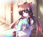  blue_eyes bow brown_eyes brown_hair cirno detached_sleeves hakurei_reimu hand_on_another's_head hug motherly multiple_girls short_hair sleeping smile touhou usume_shirou wings 