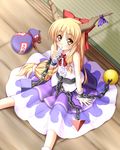  alcohol blonde_hair chain dress drinking gourd hair_ribbon horns ibuki_suika juice_box long_hair nonbei ribbon sake sitting solo touhou yellow_eyes 