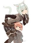  animal_ears boots brown_eyes final_fantasy final_fantasy_xiv gloves green_eyes grey_hair lalafell miqo'te multiple_girls open_mouth pointy_ears red_hair robina tail twintails 
