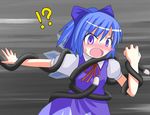  1girl blue_eyes blue_hair blush bow cat_tail chen cirno des hair_bow multiple_tails open_mouth prehensile_tail purple_eyes ribbon solo tail tail_wrap touhou 