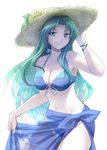  aqua_hair armpits bad_id bad_pixiv_id bare_shoulders bikini blue_sarong bracelet breasts cleavage flower front-tie_top green_eyes hashiyamoto hat jewelry large_breasts long_hair mima navel print_sarong sarong smile solo straw_hat sunflower swimsuit touhou touhou_(pc-98) 