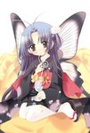  aogiri_sei blue_hair butterfly_wings clog_sandals drinking_straw flower japanese_clothes kimono long_hair original solo thighhighs wings 