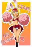  :d animal_ears arcana_heart arcana_heart_2 bikini_top blonde_hair blue_eyes blush bunny_ears catherine_kyoubashi cheerleader fake_animal_ears flat_chest heart kneehighs leg_up legs midriff nakamura_yukitoshi navel open_mouth panties pantyshot pom_poms short_hair skirt smile socks solo thigh_gap underwear visor_cap white_panties wind wind_lift 