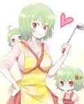  ahoge apron ascot baby babywearing backpack bag chibi child dress flower green_hair happy heart kazami_yuuka ladle mokku mother_and_daughter motherly multiple_girls pacifier plaid plaid_dress plaid_skirt red_eyes short_hair skirt skirt_grab sleeves_rolled_up smile sunflower touhou tug white_background 