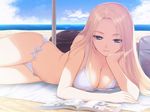  bag beach bikini blonde_hair blue_eyes breast_press breasts chin_rest cleavage cloud date_wingfield_reiko day fault!! front-tie_top game_cg large_breasts long_hair lying magazine on_side outdoors reading side-tie_bikini sky smile solo swimsuit tanaka_takayuki water 