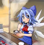  blue_eyes blue_hair bow chopsticks cirno eating food kiku_hitomoji rice short_hair solo touhou wings 