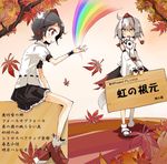  black_hair detached_sleeves geta hat hato_haru inubashiri_momiji leaf multiple_girls rainbow red_eyes shameimaru_aya short_hair silver_hair tail tengu-geta tokin_hat touhou translation_request wolf_tail yellow_eyes 