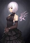  bare_shoulders black_dress cross dress elbow_gloves frills gathers gloves k+ lips original red_eyes short_hair silver_hair sleeveless sleeveless_dress solo steepled_fingers 