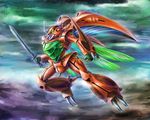  crotch_cannon flying insect_wings leprechaun_(aura_battler_dunbine) mecha no_humans poteto335 seisenshi_dunbine solo sword weapon wings 