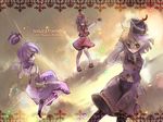  adjusting_hair blonde_hair boots brown_hair closed_eyes expressionless flying hat hat_removed headwear_removed highres inuinui lavender_hair looking_back lunasa_prismriver lyrica_prismriver merlin_prismriver multiple_girls orange_eyes pantyhose purple_eyes short_hair siblings sisters smile sunset touhou wallpaper wind 