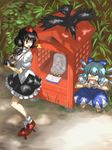  bad_id bad_pixiv_id bird camera cirno crow eating food geta jizou multiple_girls offering onigiri satsuki_harunobu shameimaru_aya shrine tengu-geta touhou 