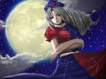  blue_eyes crossed_arms drill_hair full_moon hat moon night silver_hair solo touhou yagokoro_eirin yuu_(hi_lite) 