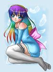  aqua_eyes arm_support back_bow bangs bare_shoulders blue_dress blush bow detexted dress feathers flower full_body gradient_hair hair_flower hair_ornament hairband jewelry kiwi_koneko large_bow long_hair looking_at_viewer multicolored_hair necklace no_shoes off-shoulder_dress off_shoulder original pink_bow pink_flower rainbow_gradient rainbow_hair sapphireyuriko shiny shiny_hair smile solo star star_necklace thighhighs third-party_edit white_legwear yellow_hairband 